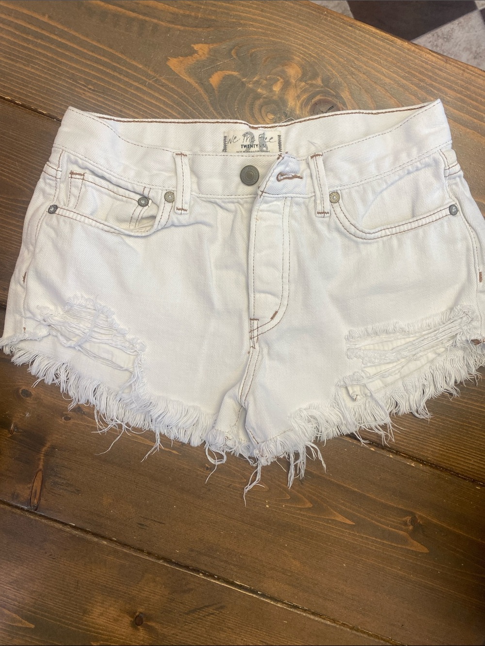 We The Free White Distressed Frayed Hem Denim Shorts